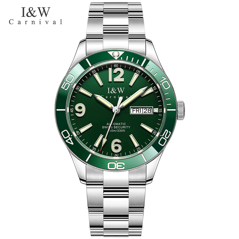 i&w carnival hwguoji瑞士鲨鱼系列百米防水双按蝴蝶扣夜光全自动机械