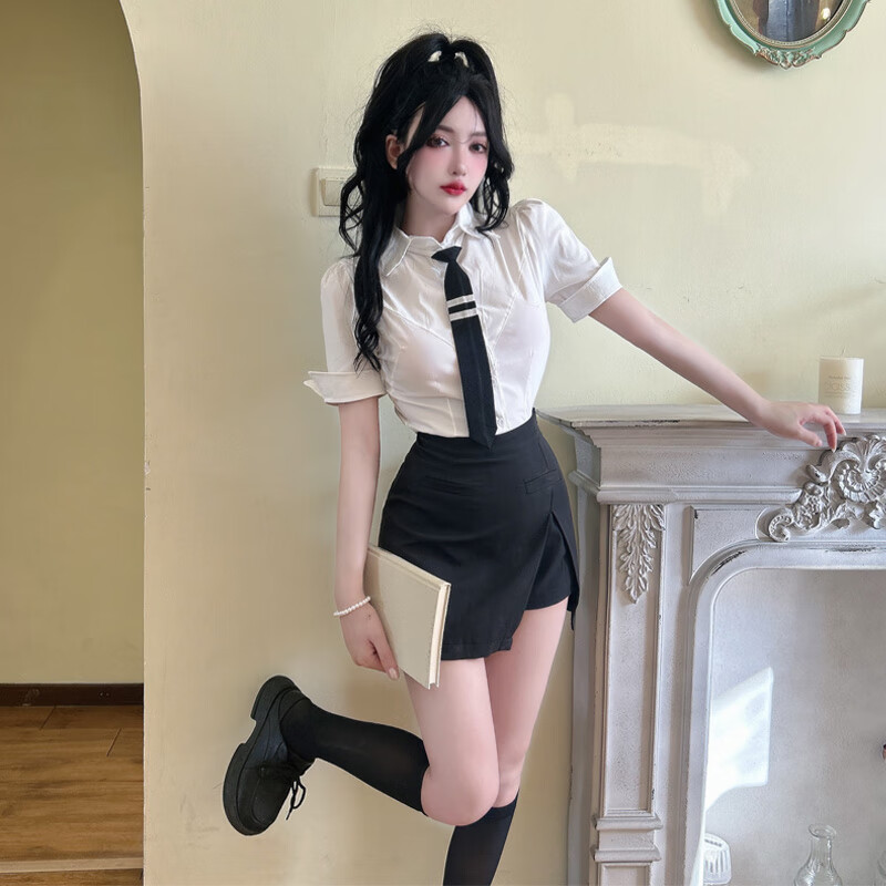 承蜜空姐客服职业工作服白衬衫搭配黑包臀裙女夏制服套装ol纯欲收银员