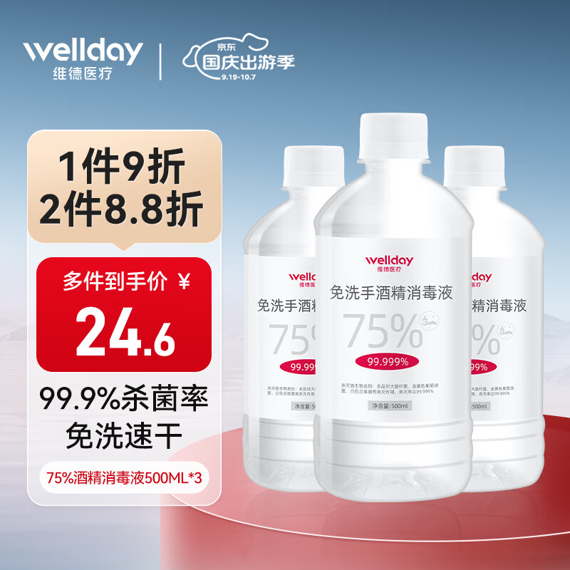 维德(WELLDAY)75%酒精消毒液免洗手便携清洁卫生外出家用大瓶500ml*3