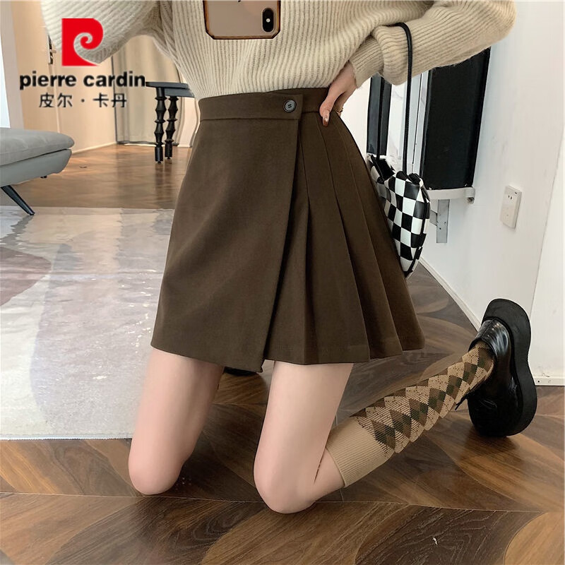 皮尔卡丹毛呢百褶裙春秋不规则半身裙子新款a字高腰显瘦包臀短裙 黑色  M码：建议100-110斤