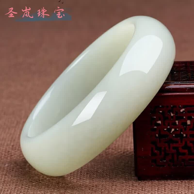 圣岚新疆和田玉手镯女款羊脂白玉手镯青白玉石镯子带证书送妈妈礼物 Fc--61圈口