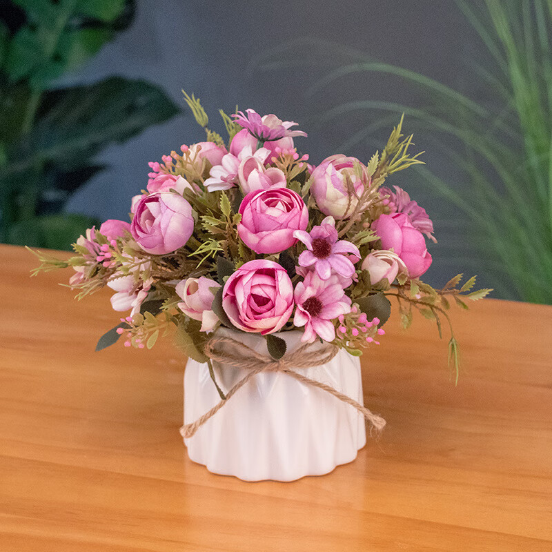 假花仿真花套裝歐式絹花擺件客廳裝飾花室內(nèi)花束塑料桌花盆景 綠 紫色大珠珠蝴蝶陶瓷