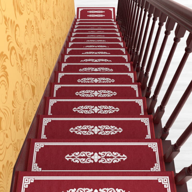 行运地毯中式实木楼梯地垫欧式定制家用防滑楼梯垫免胶自粘静音舒适地垫 深红百合 65*24*3免胶自粘