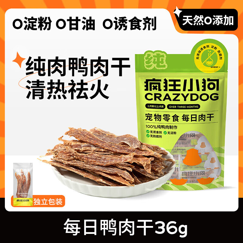 疯狂小狗宠物狗狗零食肉干0添加磨牙训练通用  祛火鸭肉干36g