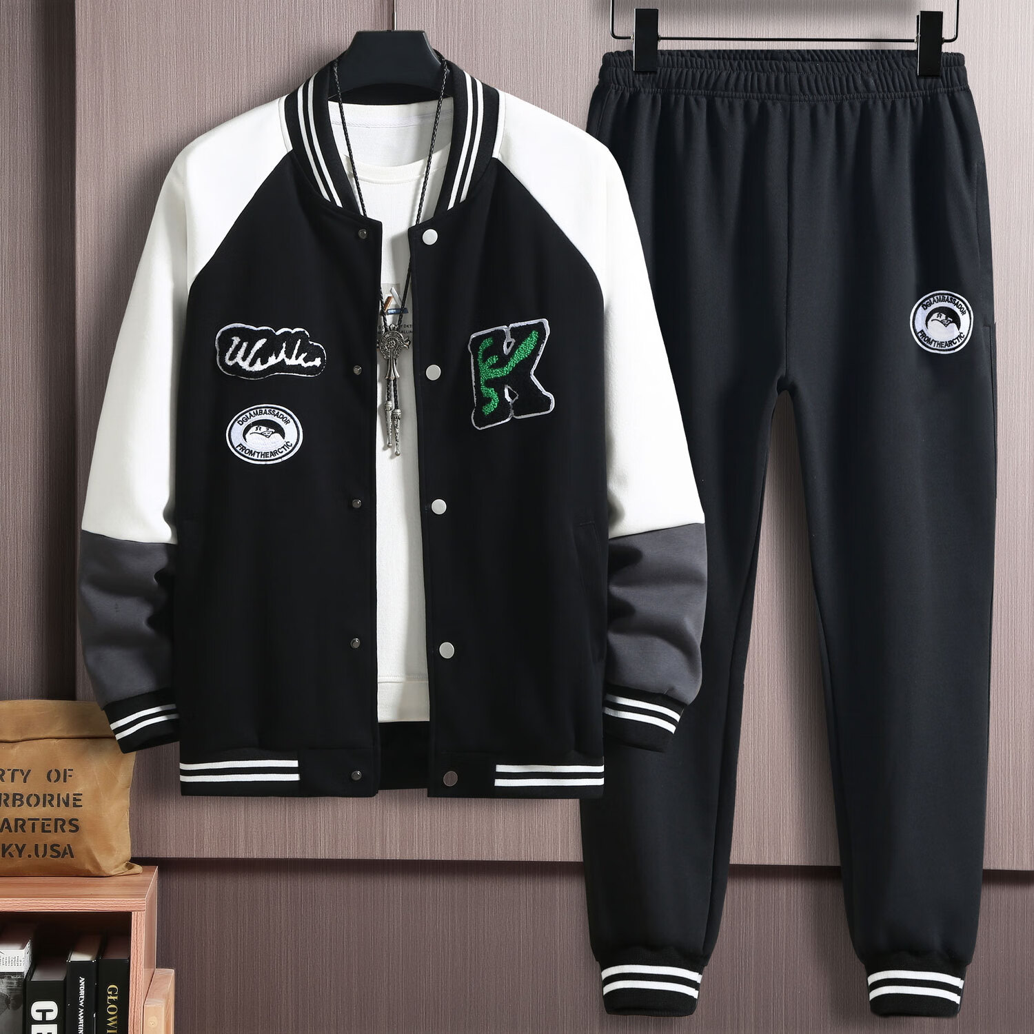 乌鹿加肥加大码棒球服男春秋潮流卫衣无帽子不带男装一套搭配帅气痞帅