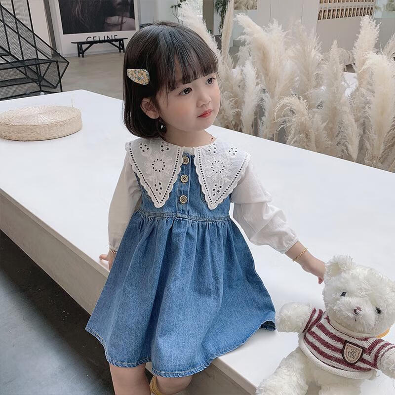 兰威费雷女童秋装连衣裙套装2023新款洋气休闲套装儿童牛仔背带裙两件