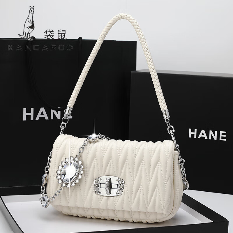 袋鼠包包女包腋下包2024新款斜挎女包水钻链条包缪褶皱包 白色
