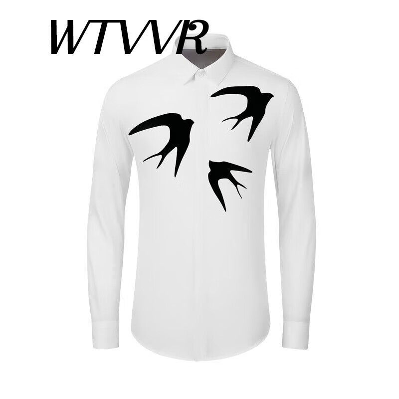 wtvvr港风潮牌新款燕子印花男士长袖衬衫修身时尚商务休闲上衣压胶