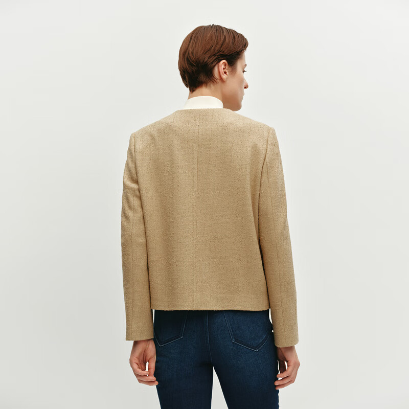 OVV【粗花呢夹克】2024秋冬新款女装金属丝羊毛混纺夹克外套 卡其色 XS