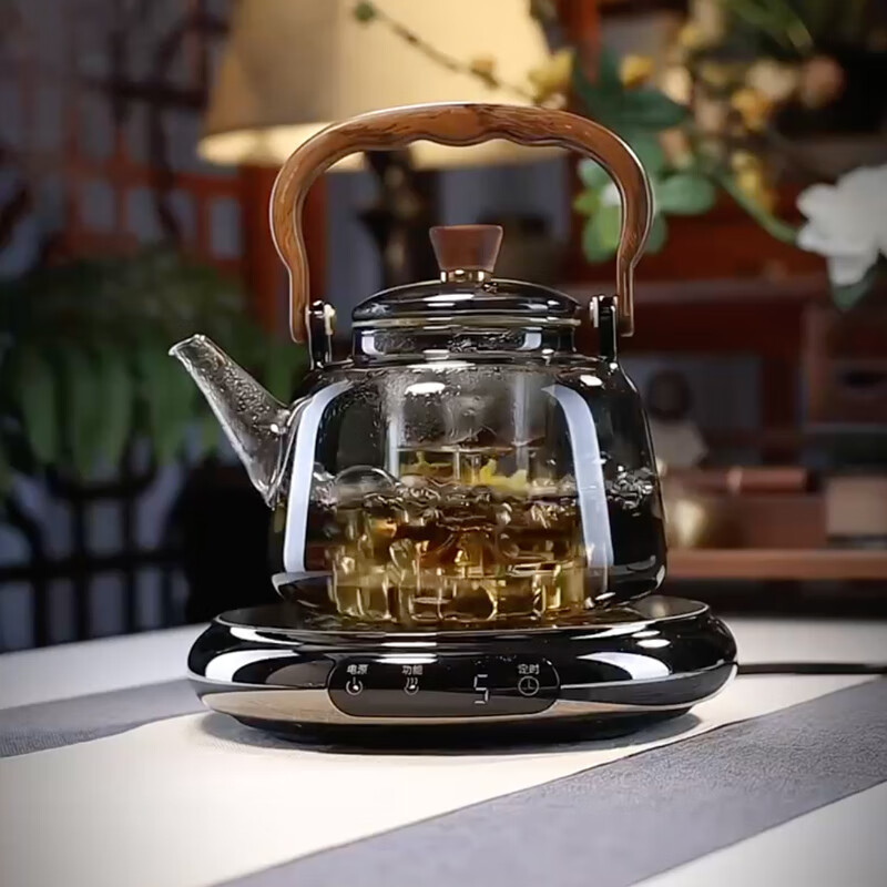 全度耐热玻璃蒸煮一体提梁茶壶2025新款电陶炉煮茶器围炉煮茶壶大容量 木纹把壶灰+鼓韵陶炉黑