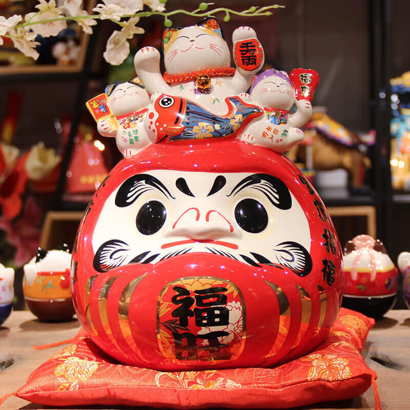 潮玩店开运工艺品摆件陶瓷达摩店铺日式装饰不倒翁 86981 福旺达摩猫