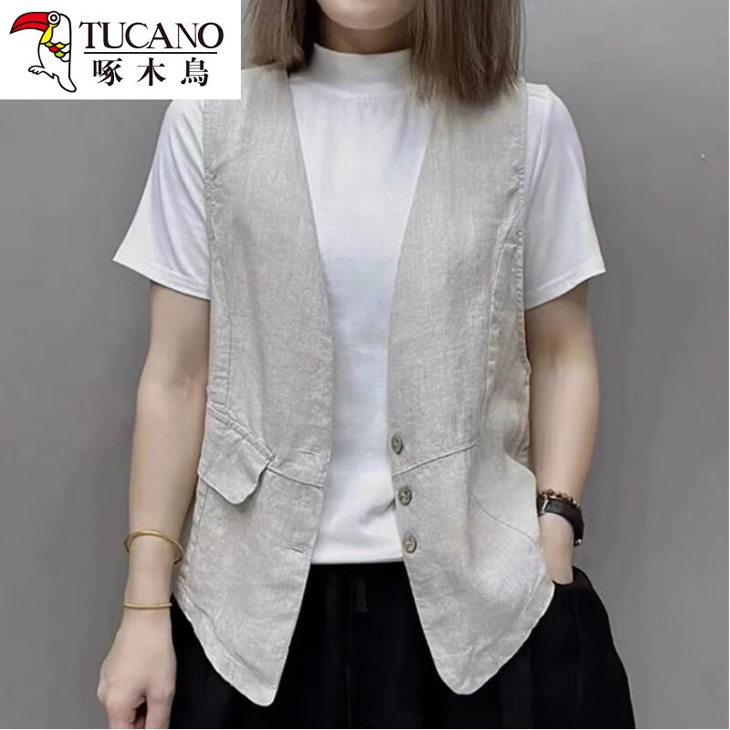 啄木鳥(niǎo)復(fù)古日系亞麻西裝馬甲外套女夏寬松休閑疊穿V領(lǐng)坎肩棉麻背心上衣 麻色 (少量) XL【建議120-140斤】