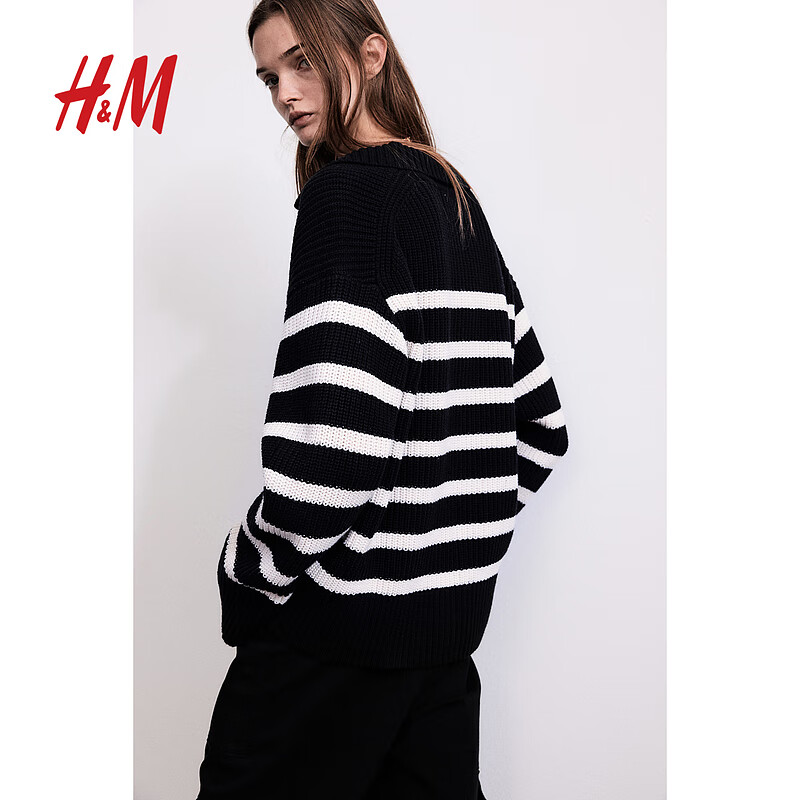 H&M女装毛针织衫2024春季新款休闲罗纹V领Polo衫式长袖套衫1208875 黑色/白色条纹 155/80
