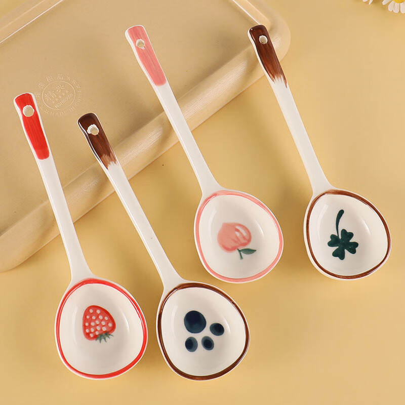 PJ陶瓷勺子家用小汤勺长柄日式高颜值喝汤专用圆头盛汤舀粥调羹勺 混色5个装