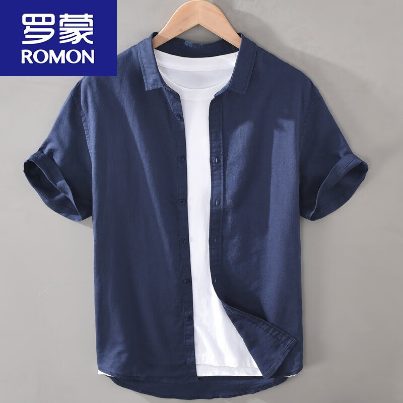羅蒙（ROMON）夏季亞麻棉麻短袖襯衫襯衣男裝青年休閑麻料上衣男士夏裝麻布衣服 藏青色 L 175