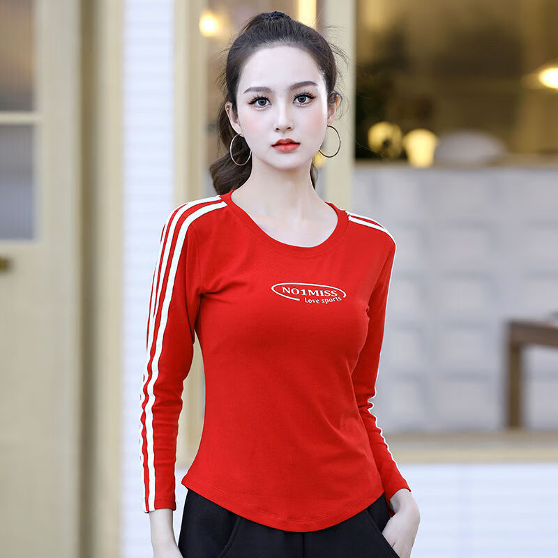 欧瑾春季广场舞新款服装上衣圆领长袖棉高弹运动体操健身跳舞衣服