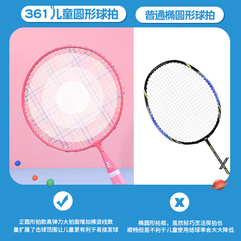 361° 361度儿童羽毛球拍耐打小学生3-12岁玩具室内亲子互动玩具套装 大童【3尼龙球1球包】蓝色双拍