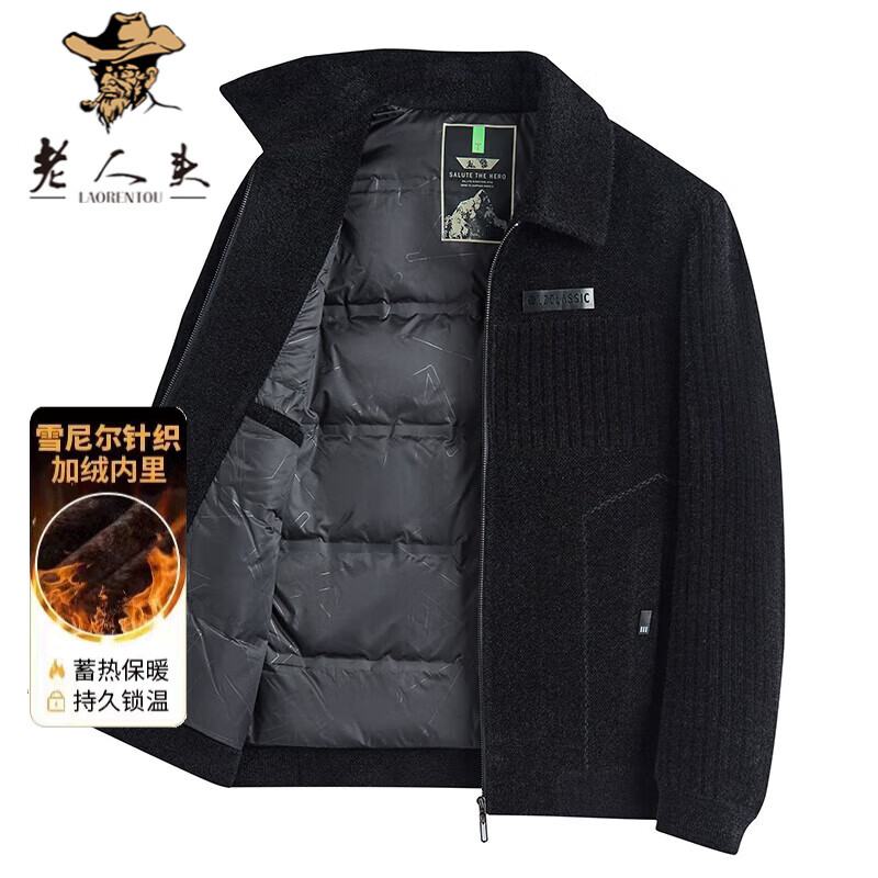老人头(laorentou)中老年爸爸外套秋冬款男装加绒加厚雪尼尔夹克老年