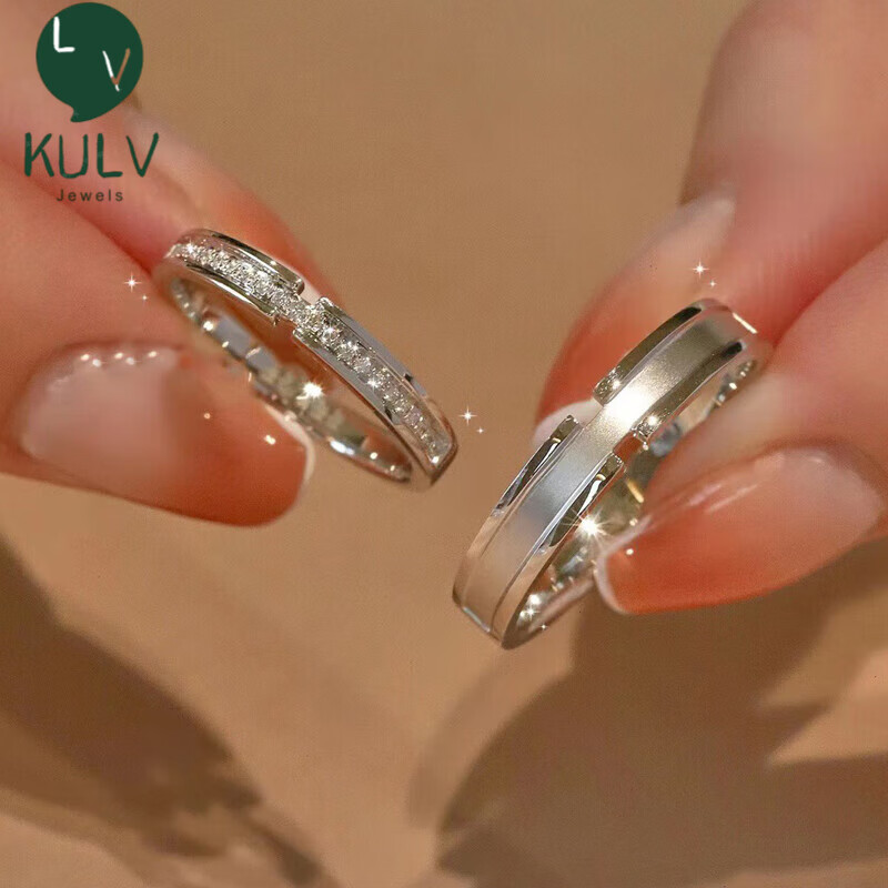KULV18k金戒指对戒PT950白金女情侣莫桑石钻18K金小众设计素圈结婚生 蒹葭苍苍铂金女戒/鉴定证书/礼盒