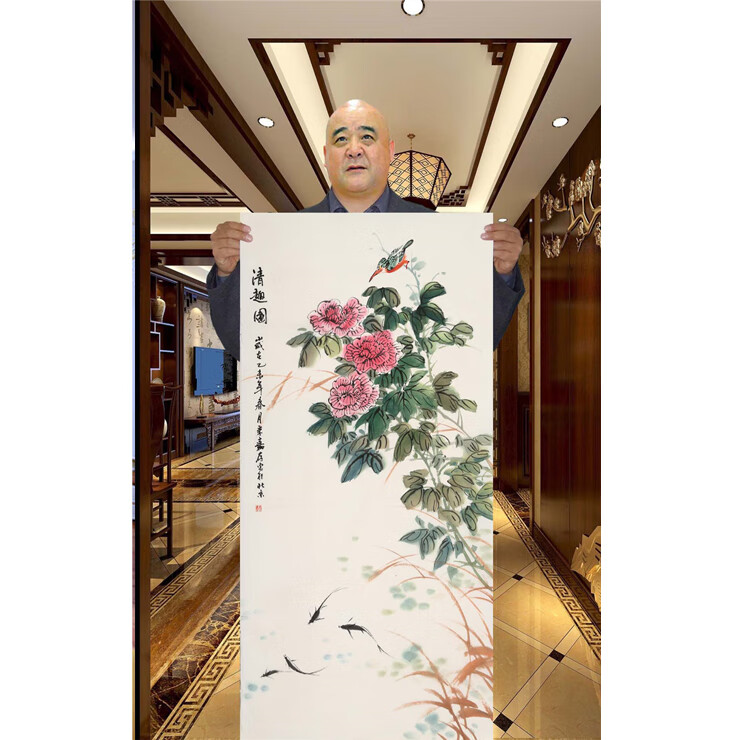 演艺界李嘉存四尺竖幅清趣花鸟国画手绘名人字画装饰带带证书合影