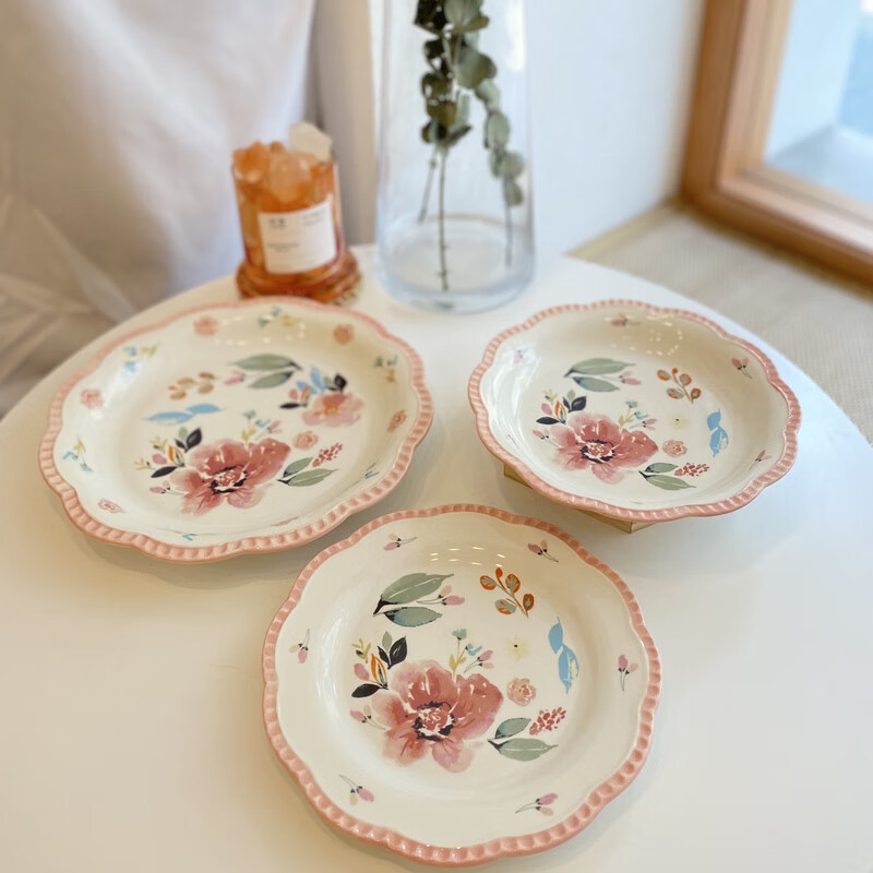 hywlkjby潘小姐北欧ins风家用山茶花波浪珠点陶瓷餐具盘深盘 8寸平盘