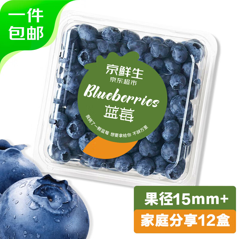 京鲜生 国产蓝莓 12盒 约125g/盒 15mm+ 新鲜水果礼盒 源头直发 包邮
