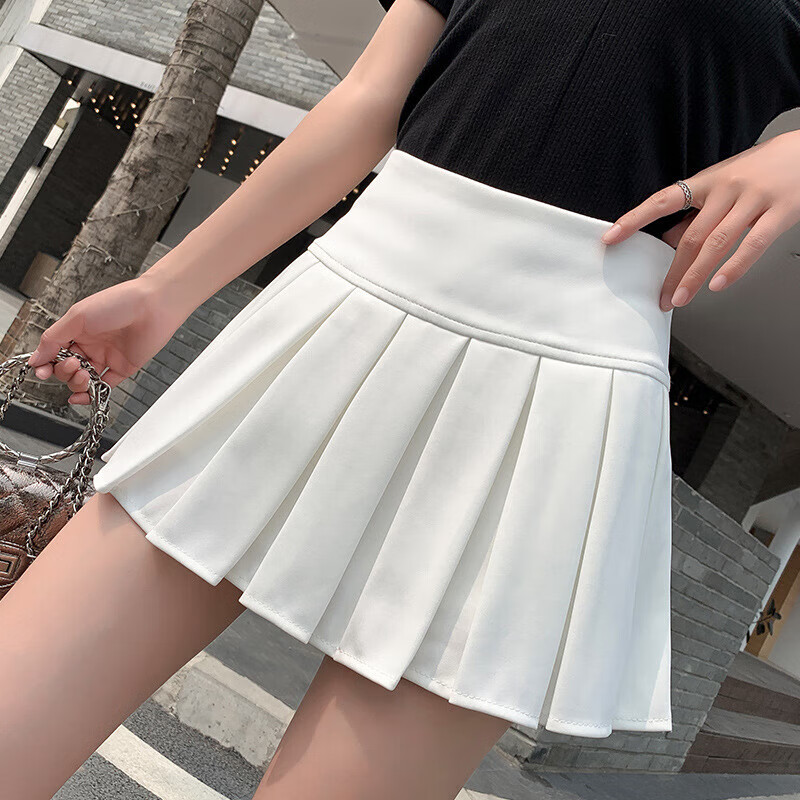 踏丽虹松紧腰百褶JK折叠裙女安全显瘦小个子束腰半身超短裙 白色带内衬 XL