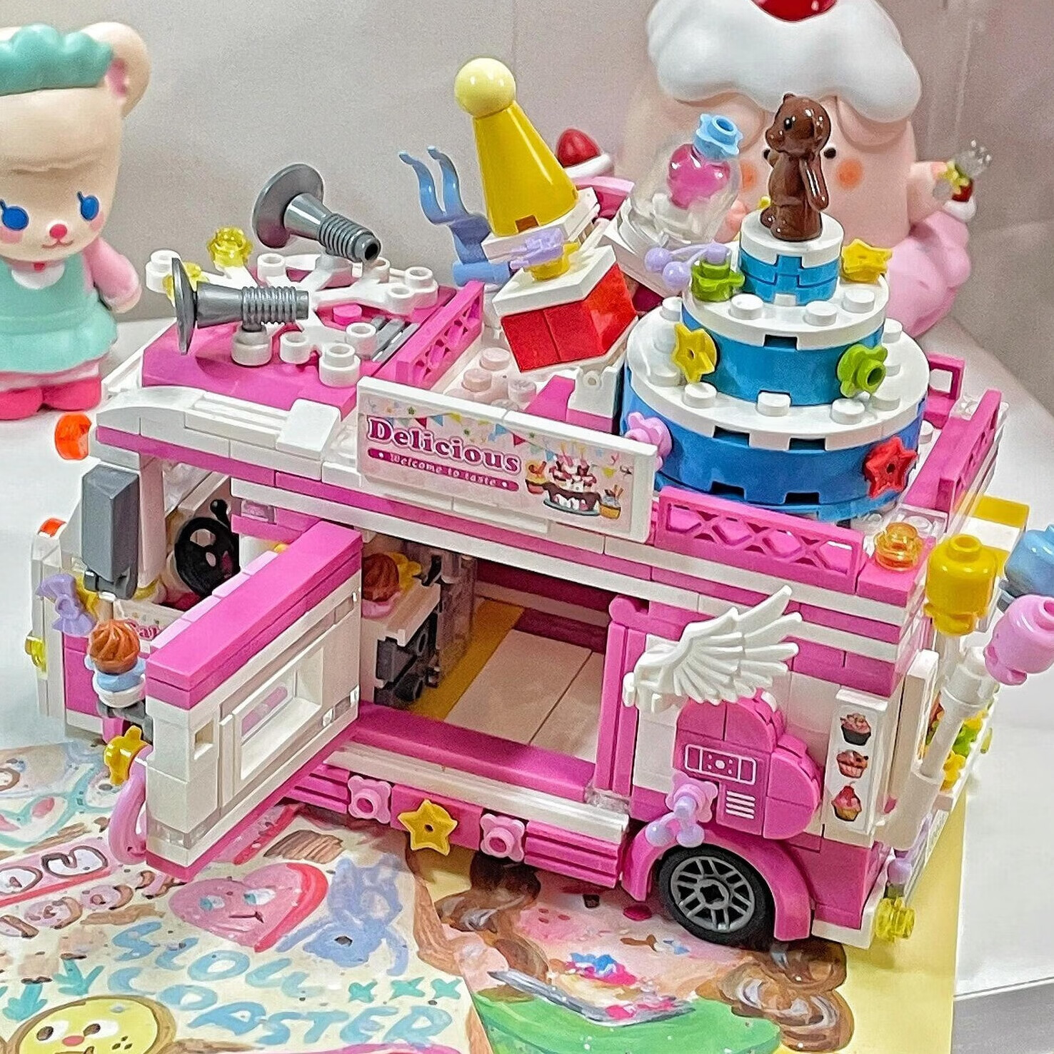 哲高 积木拼装雪糕车冰淇淋汉堡车美食车儿童玩具送女生生日礼物 00889蛋糕车-608PCS