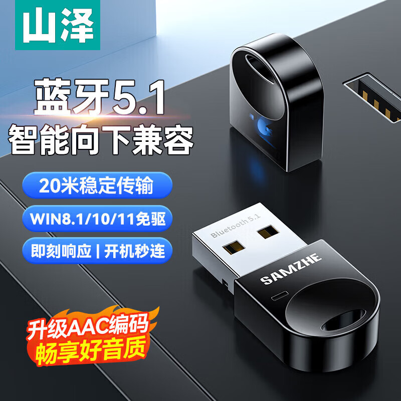 山泽（SAMZHE）蓝牙5.3适配器 USB免驱电脑台式机蓝牙模块 无线音频发射接收器 电竞耳机/键盘/鼠标/音响通 黑色 适配器5.1【16m传输距离】RBT51