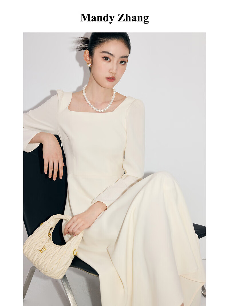 Mandy Zhang白色氣質醋酸禮服領證連衣裙女秋季方領肌理感長袖裙子 珍珠白 M