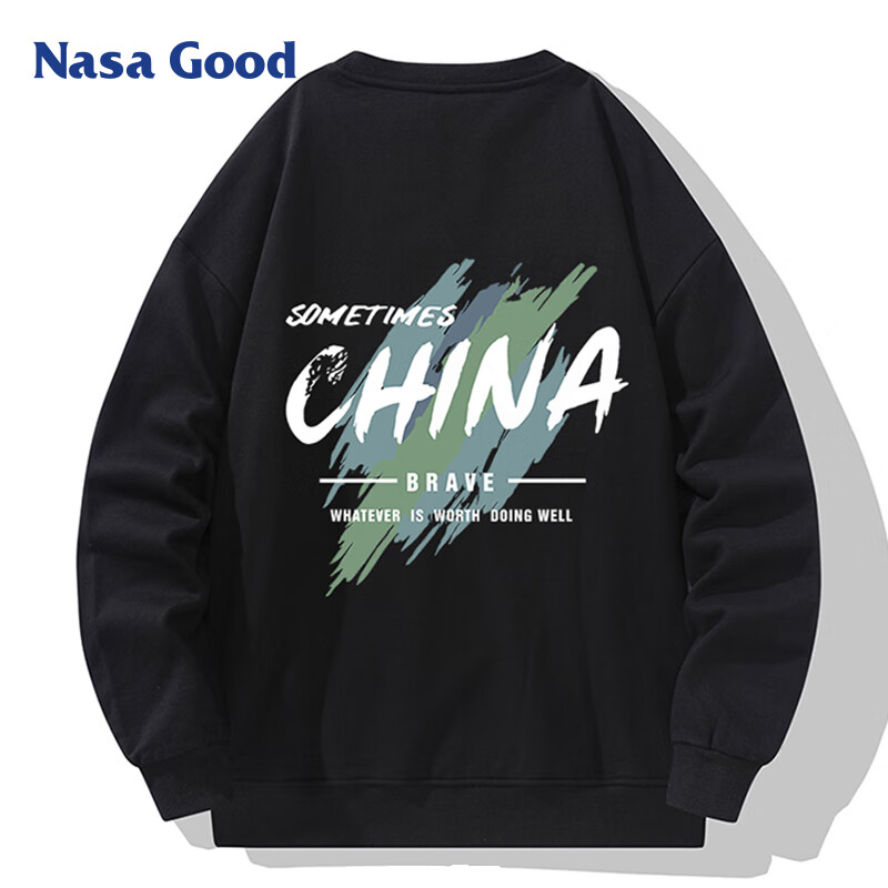 NASA GOOD圆领卫衣男秋季国潮流百搭舒适休闲上衣情侣长袖打底衫 黑色 XL 