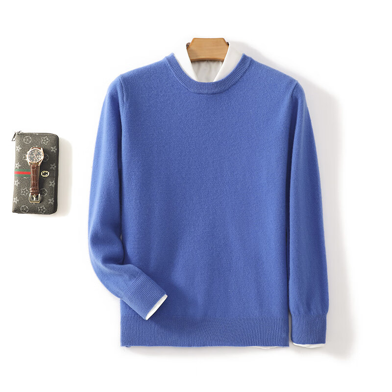 秋冬新款纯羊毛衫男圆领套头毛衣商务休闲宽松针织打底羊绒衫 湖蓝色