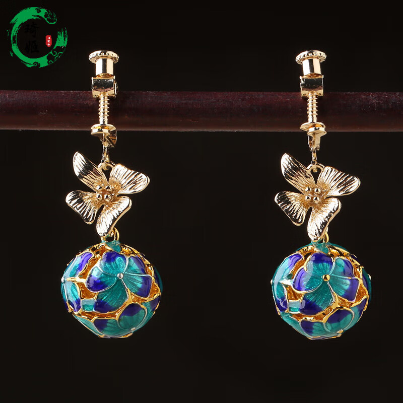 琦姬民族古风景泰蓝耳环复古森系超仙花朵吊坠耳坠耳夹气质耳饰显瘦女