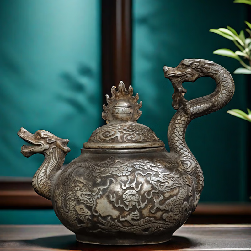 铜人艺巷古玩收藏全铜鎏银双龙戏珠酒壶茶壶水壶玄关案头装饰工艺品龙