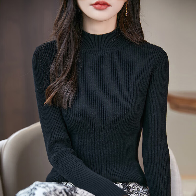 香影芬2025秋冬新款半高领棉线针织毛衣女修身内搭洋气打底衫女百搭上衣 米杏色 M (建议95-105斤)