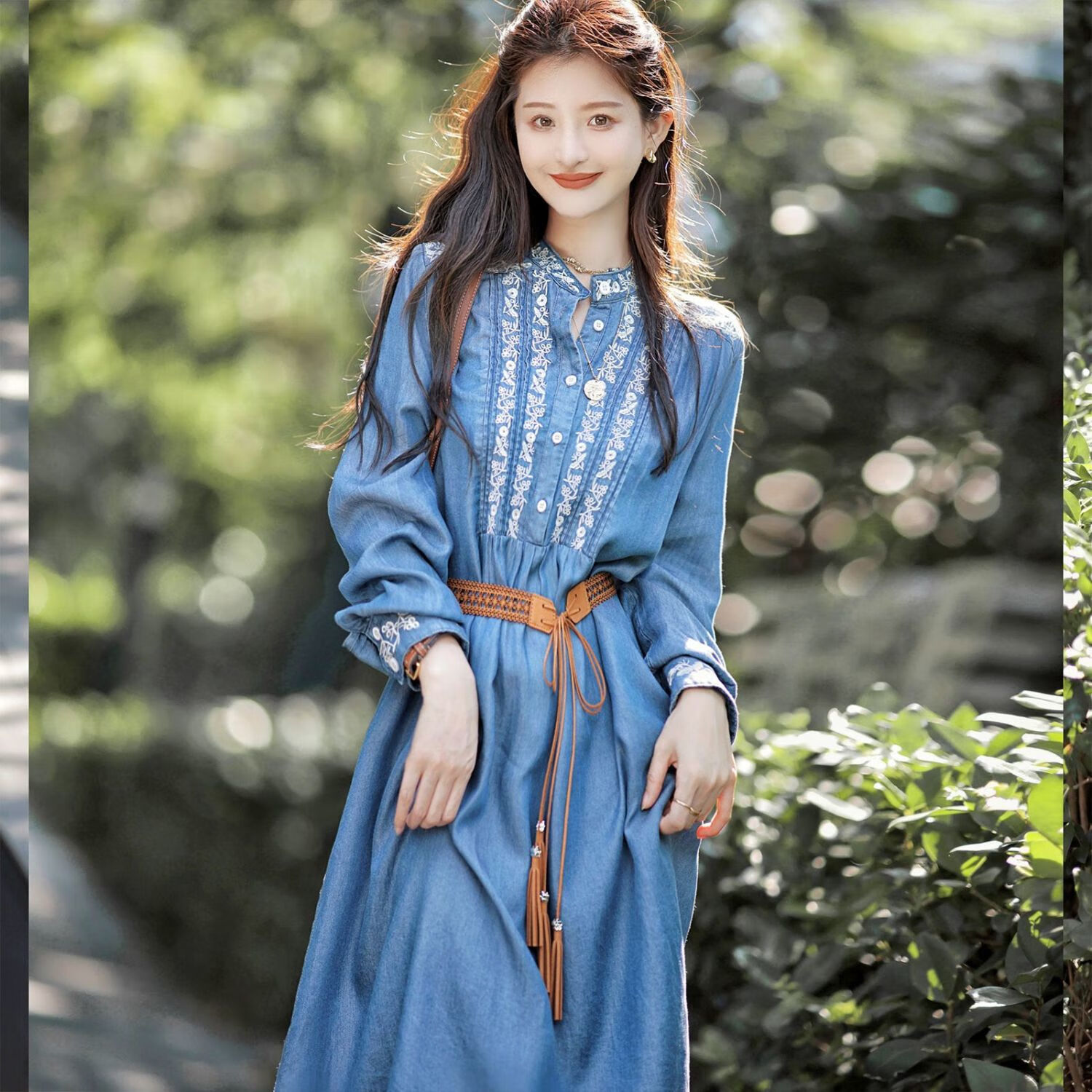 拓猴(tuohou)25到30岁到脚踝春季长款连衣裙法式时尚蓝色薄款牛仔裙