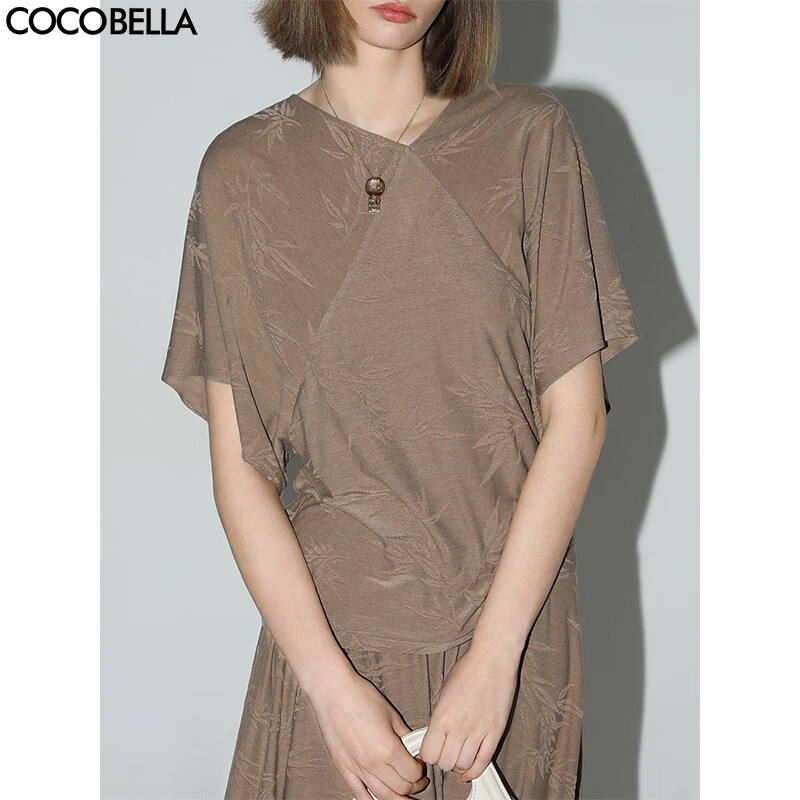 COCOBELLA[竹叶提花]新中式国风蝙蝠袖针织衫松弛感上衣TS7019-4 奶咖上衣TS7019 L