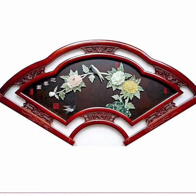 珠觀玉賞新中式玉雕畫扇形客廳裝飾畫沙發(fā)背景玄關(guān)立體浮雕走廊餐廳掛畫 迎春圖118*58