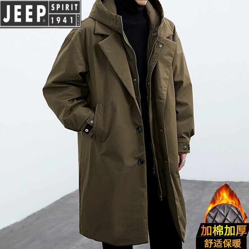 JEEP SPIRIT2025秋冬加绒男士韩版大衣男装假两件连帽中长款风衣外套男派克服 军绿色加棉 加厚 2XL 【155-160斤】