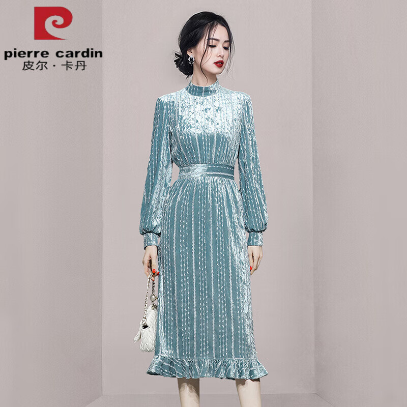 皮尔卡丹官方连衣裙春秋新款名媛淑女气质木耳边装饰中长款丝绒织带