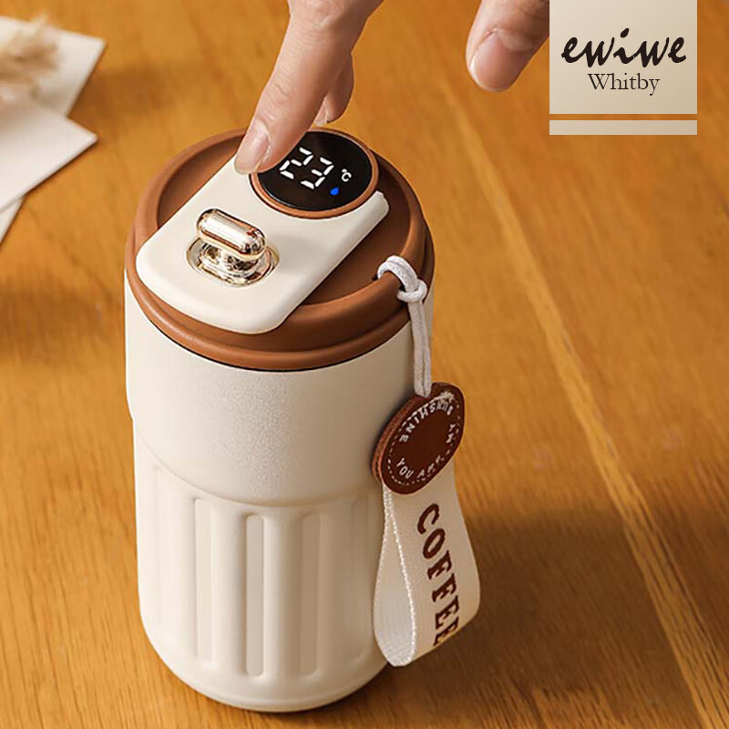 EWIWE复古智能显温咖啡杯一键推盖质感咖啡杯带提绳不锈钢材质办公室杯 咖白配色/约430ml