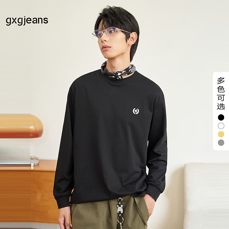 gxgjeans男装2024年秋季黑色打底衫刺绣圆领套头长袖T恤男 黑色 L (175)