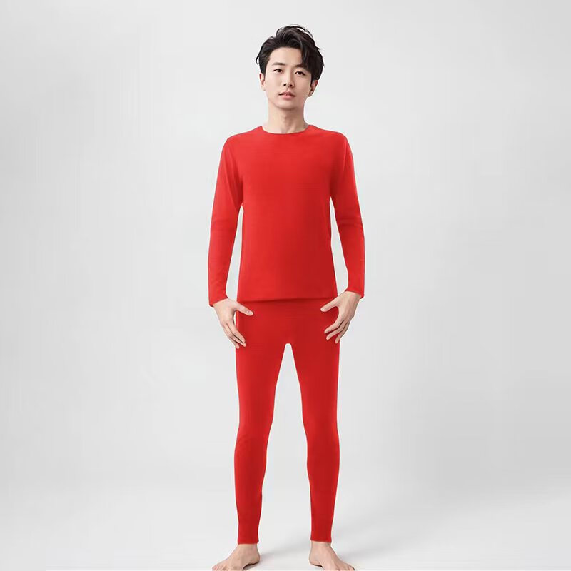 云感生姜精油润肤内衣恒温双面磨毛秋衣秋裤男女圆领保暖套装 男大红（含生姜精油 L