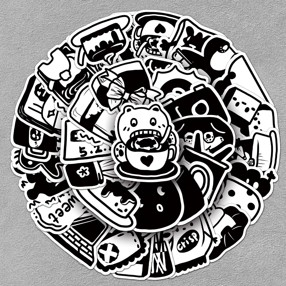 50张原创黑白卡通手绘贴纸 涂鸦简笔画diy手帐素材笔记本行李箱咕卡贴