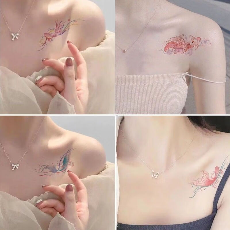 领迷风网红鱼锦鲤纹身贴蓝色唯美锁骨手腕小清新防水纹身贴遮疤图案