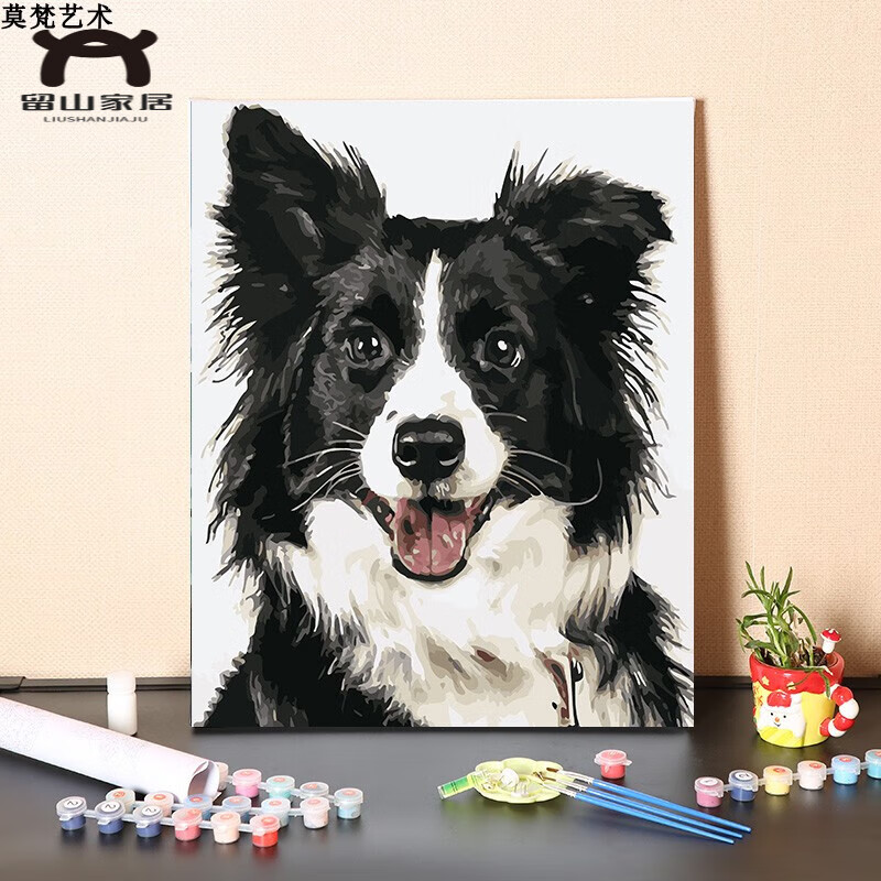 名人字画宠物数字油画 数字油画diy填充可爱狗狗边境牧羊犬填色手绘画
