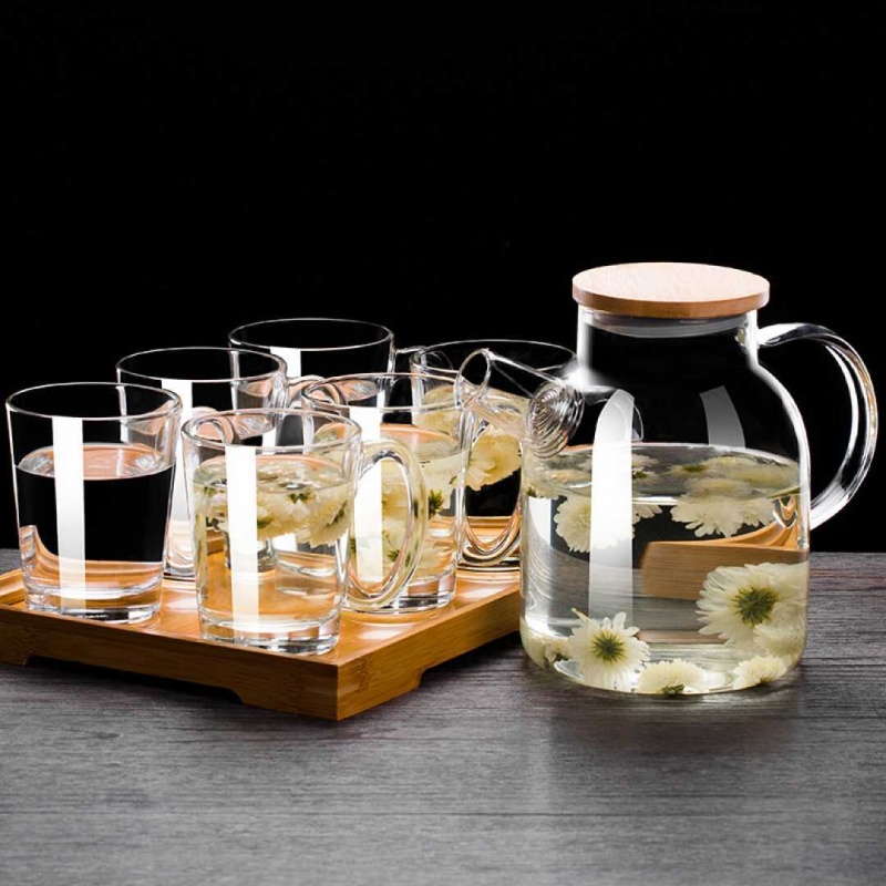 进口Ocean玻璃杯耐热水杯玻璃茶杯带把泡茶杯子套装家用办公凉水壶茶壶 时尚款6个+水壶+杯盘
