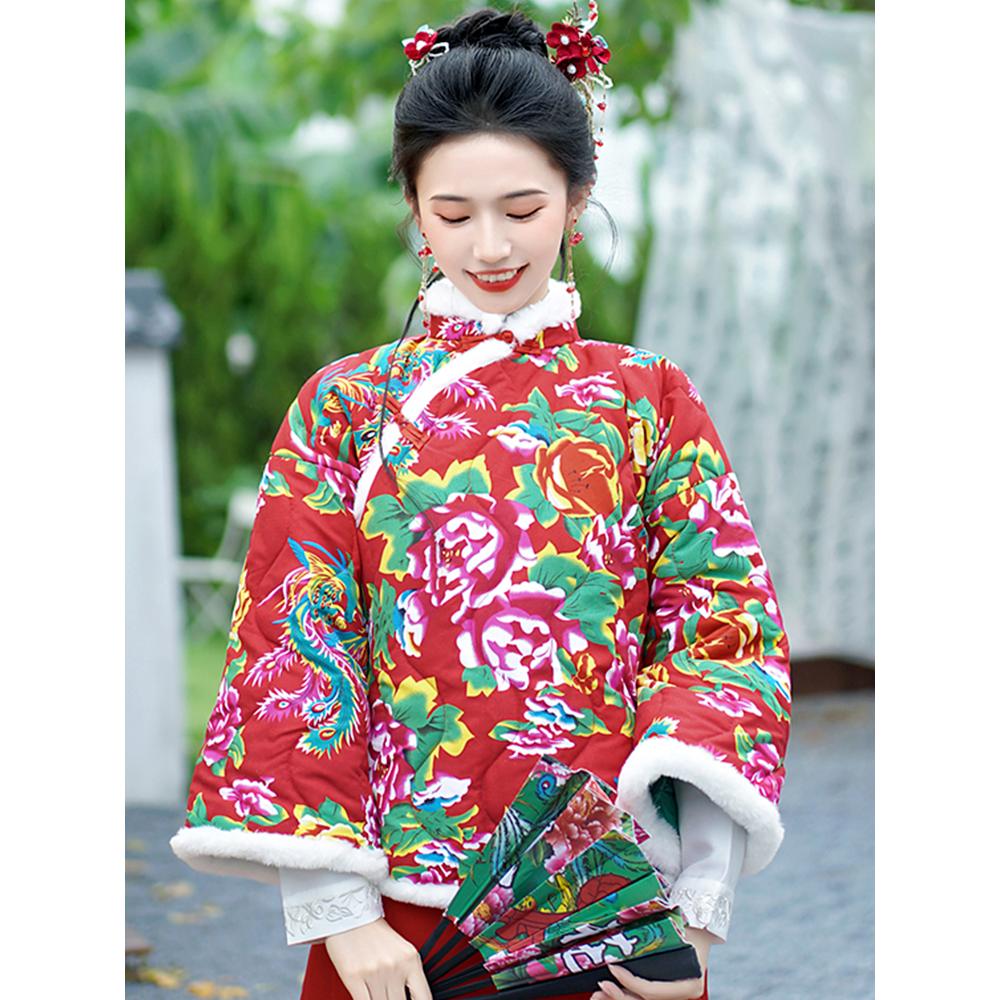 wait await加1厚东北花棉袄复古风女装棉袄过年民族风棉服冬季新款