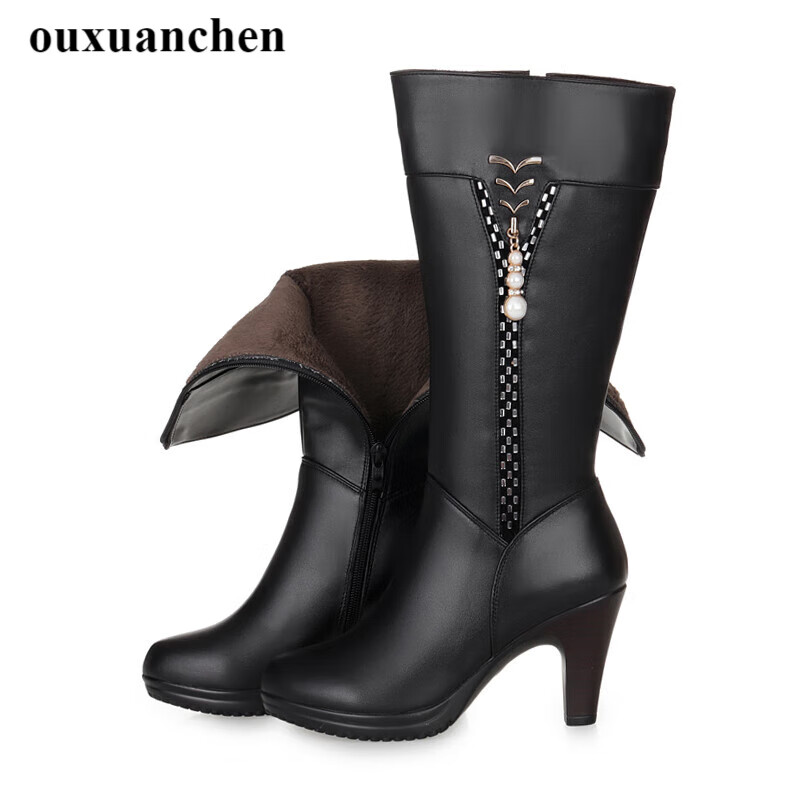 欧萱辰牛皮羊毛女靴马靴秋冬季高筒靴及膝靴高跟长靴骑士靴女士长筒靴