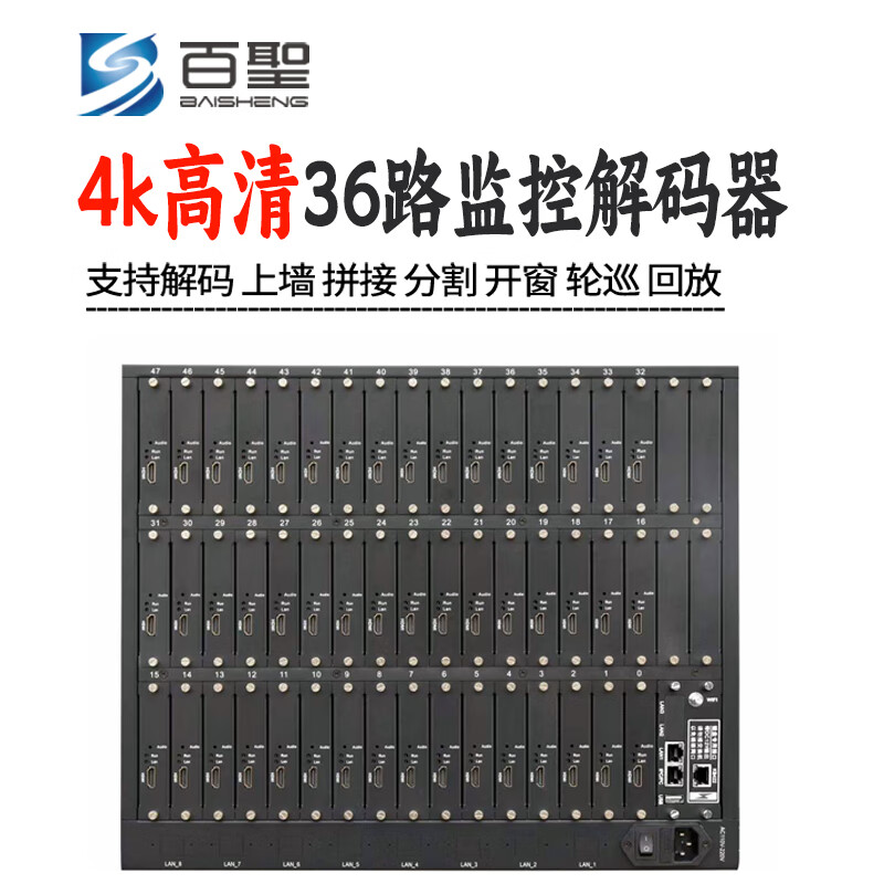 百圣4K监控高清视频网络解码器H.265视频解码矩阵处理主机器兼容海康大华多品牌上墙视频综合管理平台 36路输出监控解码器 单屏36画面